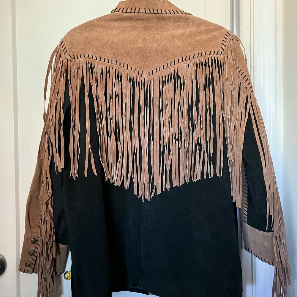 Bob Mackie Tan and Black Leather Jacket with Fringe - Picture 2 of 5